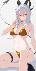 1girl absurdres alternate_costume bare_shoulders bikini black_horns black_shoes black_tail blush breasts collarbone commentary_request curled_horns demon_tail embarrassed fingernails gold_bikini golden_week_bikini grey_background grey_hair hair_between_eyes hand_up highres horns large_breasts long_hair looking_at_viewer nail_polish navel parted_lips red_eyes red_nails sakasa._(sakasailst) shoes sitting solo stomach swimsuit tail thigh_strap thighs twitter_username wuthering_waves zani_(wuthering_waves)