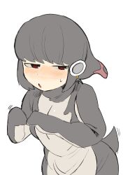 1girl adelie_penguin_(kemono_friends) black_hair black_sweater blunt_bangs blush cowboy_shot dress embarrassed highres igarashi_(nogiheta) kemono_friends kemono_friends_3 long_sleeves mittens multicolored_hair nose_blush penguin_girl penguin_tail red_eyes red_hair short_hair sidelocks solo sweatdrop sweater sweater_dress tail turtleneck turtleneck_sweater two-tone_hair two-tone_sweater white_sweater