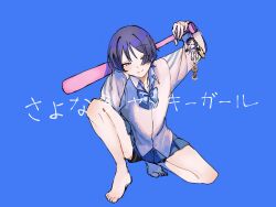 Rule 34 | 1boy, barefoot, baseball bat, black skirt, blue background, blue bow, blue bowtie, blue skirt, blunt ends, bow, bowtie, closed mouth, collared shirt, crossdressing, delinquent, feathers, genshin impact, hand on own head, highres, holding, holding baseball bat, kingyo (nyankomanjyuu15), long sleeves, looking at viewer, male focus, on one knee, over shoulder, pleated skirt, pom pom (clothes), purple eyes, purple hair, scaramouche (genshin impact), school uniform, shirt, shorts, shorts under skirt, skirt, smile, solo, stuffed toy, toes, translation request, weapon, weapon over shoulder, white shirt, white sleeves, yellow feathers