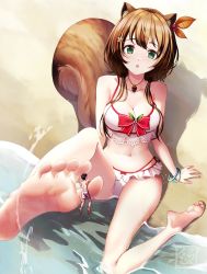 1boy 1girl absurdres acorn animal_ear_fluff animal_ears arm_support armpit_crease ayunda_risu barefoot beach bikini blush bracelet breasts collarbone feet foot_focus foot_up foreshortening frilled_bikini frills full_body green_eyes hair_ornament highres hololive hololive_indonesia jewelry lace_trim large_breasts leaning_back legs long_hair midriff mini_person miniboy navel necklace open_mouth outdoors red_ribbon ribbon shadow shiny_skin sidelocks sitting soles squirrel_ears squirrel_girl squirrel_tail suryua swept_bangs swimsuit tail thighs toes virtual_youtuber water white_bikini