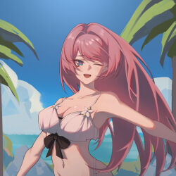 1girl ;o armpits bikini blue_eyes breasts chinese_commentary cleavage cloud commentary_request elysia_(honkai_impact) elysia_(miss_pink_elf)_(honkai_impact) elysia_(summer_miss_elf)_(honkai_impact) highres honkai_(series) honkai_impact_3rd large_breasts long_hair navel official_alternate_costume one_eye_closed outdoors palm_tree pink_hair pink_pupils solo stomach swimsuit tree upper_body very_long_hair white_bikini yushengzizishengpian