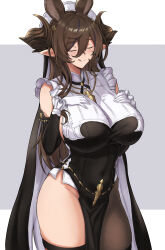 Rule 34 | 1girl, :q, animal ears, bare shoulders, black dress, black pantyhose, blush, breast suppress, breasts, brown hair, brown horns, closed mouth, commentary, covered navel, detached sleeves, dress, erune, extra ears, fangs (fangs art), galleon (granblue fantasy), gloves, granblue fantasy, grey background, hair between eyes, hands on own chest, highres, horns, huge breasts, letterboxed, long hair, outside border, pantyhose, pelvic curtain, pointy ears, single leg pantyhose, smile, solo, thighs, tongue, tongue out, very long hair, white gloves