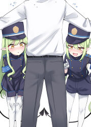 1boy 2girls :d absurdres armband black_hat black_jacket black_shorts black_skirt blue_archive blue_armband blush business_casual commentary_request demon_girl demon_tail earrings floating_earrings gloves green_hair grey_pants hair_between_eyes hat head_out_of_frame highres hikari_(blue_archive) jacket jewelry kiritto long_hair long_sleeves looking_at_another multiple_girls nervous_sweating nozomi_(blue_archive) open_mouth orange_eyes panties pants pantyhose parted_lips peaked_cap pleated_skirt pointy_ears sensei_(blue_archive) sexually_suggestive shirt shorts siblings sidelocks simple_background skirt smile surprised sweat tail train_conductor twins twintails underwear very_long_hair white_background white_gloves white_panties white_pantyhose white_shirt yellow_eyes