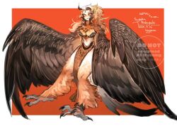 1girl artist_name bird_legs black_feathers black_wings breasts brown_hair colored_sclera commentary_request feathered_wings feathers harpy hogara long_hair medium_breasts messy_hair midriff monster_girl navel neck_fur orange_background original pelvic_curtain red_sclera solo talons two-tone_background white_background winged_arms wings yellow_eyes