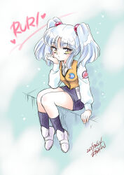 1girl absurdres black_necktie black_skirt black_socks blue_hair brown_eyes character_name hand_on_own_chin highres hoshino_ruri kidou_senkan_nadesico kisaragi_miyuki kneehighs long_hair miniskirt necktie orange_vest shirt shoes sitting skirt socks solo thighs twintails vest white_shirt white_shoes