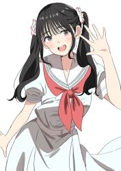 1girl :d animification bien_(djpwjd1) black_hair blue_dress collarbone commentary cowboy_shot dress flower grey_eyes hair_flower hair_ornament hasu_no_sora_school_uniform head_tilt highres kan_kanna leaning_forward link!_like!_love_live! looking_at_viewer love_live! neckerchief open_hand open_mouth pink_flower pleated_dress puffy_short_sleeves puffy_sleeves real_life red_neckerchief sailor_collar sailor_dress school_uniform short_sleeves smile solo summer_uniform symbol-only_commentary teeth twintails upper_teeth_only voice_actor white_sailor_collar