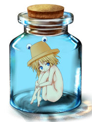 1girl 3d barefoot blonde_hair blue_eyes bottle bottle_meme_(pixiv) female_focus ge-ha hat in_bottle in_container mini_person minigirl moriya_suwako nude short_hair solo touhou