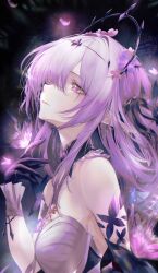 1girl absurdres bare_shoulders black_choker black_gloves black_tiara breasts bug butterfly castorice_(honkai:_star_rail) choker dress elbow_gloves gloves highres honkai:_star_rail honkai_(series) insect long_hair looking_up parted_lips purple_butterfly purple_dress purple_eyes purple_hair renoahh sidelocks single_elbow_glove smile solo tiara upper_body