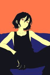 1boy bare_shoulders black_hair commentary couch gloves gundam gundam_gquuuuuux highres limited_palette looking_at_viewer lower_eyelashes_only male_focus nitou426 pants red_eyes shuji_ito simple_background sitting solo spread_legs tank_top