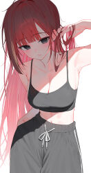 1girl akane_lize arm_up armpits bare_shoulders black_eyes black_pants black_shirt breasts cleavage crop_top drawstring hand_in_pocket highres huhi_(huhi_1211) long_hair looking_at_viewer medium_breasts midriff navel pants red_hair shirt simple_background sleeveless sleeveless_shirt solo spaghetti_strap stellive stomach track_pants upper_body very_long_hair virtual_youtuber white_background
