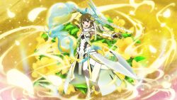 Rule 34 | 1girl, armor, brown hair, falling petals, flower, hair flower, hair ornament, magical girl, mankai, official art, open mouth, petals, ribbon, shiratori utano, smile, sword, thighhighs, weapon, yellow eyes, yuuki yuuna wa yuusha de aru, yuuki yuuna wa yuusha de aru: hanayui no kirameki, yuusha de aru