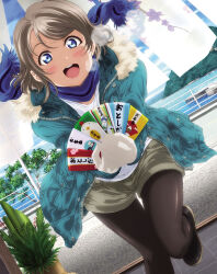 1girl artbook black_pantyhose blue_eyes blue_scarf blue_sky blush breath coat day dutch_angle fur_trim gloves grey_hair highres jacket leg_up looking_at_viewer love_live! love_live!_sunshine!! non-web_source official_art open_clothes open_mouth outdoors pantyhose plant scarf shirt shoes short_hair short_shorts shorts sky smile solo standing standing_on_one_leg teeth tree watanabe_you white_gloves winter_clothes