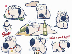 1boy 1other alcohol animal_collar beer_bottle brian_griffin bruise bruised_eye collar crying crying_with_eyes_open dog drunk english_text family_guy heart highres injury multiple_views no_humans peanuts_(comic) pointing red_collar sleeping snoopy spill tears tian_niunai_hezi white_dog
