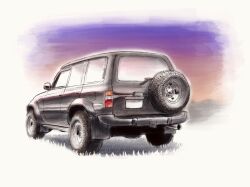 black_car car from_behind grass highres k.tofu motor_vehicle no_humans original shadow spare_tire sports_utility_vehicle sunset toyota toyota_land_cruiser unused_tire vehicle_focus