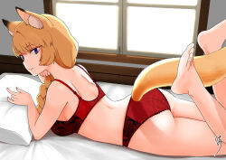 1girl animal_ear_fluff animal_ears ass bare_arms bare_legs bare_shoulders barefoot blonde_hair blue_eyes bra braid breasts clothing_cutout commentary_request feet feet_up fox_ears fox_girl fox_tail highres large_breasts long_hair looking_at_viewer lying murakami_kou_(raye) on_bed on_stomach original panties pillow red_bra red_panties shoulder_blades signature single_braid smile solo tail tail_through_clothes the_pose toes underwear underwear_only window