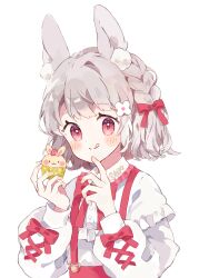 1girl absurdres animal_ear_fluff arms_up blush bow bowtie braid cake choppy_bangs closed_mouth collar commentary cupcake dot_nose english_commentary flower food frilled_collar frilled_shirt frills fruit grey_hair hair_bow hair_flower hair_ornament heart highres holding holding_cake holding_food ibispaint_(medium) licking_lips long_sleeves looking_at_viewer napo_(napo_illust) original overalls print_collar puffy_long_sleeves puffy_sleeves red_bow red_bowtie red_eyes red_overalls shirt short_hair side_braid simple_background single_hair_intake sleeve_bow smile solo split_mouth strawberry tongue tongue_out upper_body white_background white_flower white_shirt