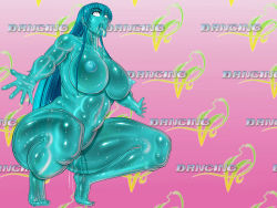 1girl alpha-152 barefoot blank_eyes blue_hair blue_theme breasts circle_max cum dancing_v dead_or_alive feet large_breasts long_hair monster_girl nipples nude pointy_ears slime_girl tecmo toes
