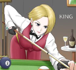 1girl ball bent_over blonde_hair blue_eyes bow bowtie breasts curvy earrings female_focus formal_clothes gloves gokigenyoucyan jewelry king_(snk) large_breasts long_sleeves pale_skin pants playing_games pool pool_table sanhon shirt short_hair smile snk staff standing suit table the_king_of_fighters thick_lips thighs tuxedo white_shirt wide_hips
