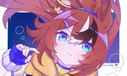 1girl animal_ears artist_name black_gloves blue_eyes breasts brown_hair bubble_gum_fellow_(umamusume) commentary_request ear_ornament fingerless_gloves gloves highres horse_ears horse_girl jacket long_hair long_sleeves open_clothes open_jacket simple_background solo suzumecha_(yuzensuzu) umamusume upper_body very_long_hair yellow_jacket