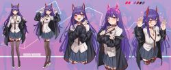 1girl absurdres akuma_nihmune akuma_nihmune_(1st_costume) breasts character_name choker collared_shirt color_guide cropped_legs crossed_arms ear_piercing fangs garter_straps hands_up heart heart-shaped_pupils high_heels highres horns indie_virtual_youtuber jacket jewelry kiritzugu long_hair loose_necktie medium_breasts mole mole_under_eye multiple_views necklace necktie off_shoulder open_clothes open_jacket piercing pink_eyes pleated_skirt pout purple_hair second-party_source shirt skirt standing symbol-shaped_pupils thighhighs tongue tongue_out virtual_youtuber
