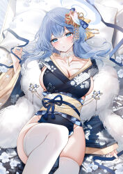 1girl absurdres ako_(blue_archive) black_kimono blue_archive blue_eyes blue_hair blue_halo blue_ribbon blush breasts choker cleavage collarbone commentary_request feather_boa floral_print floral_print_kimono hair_ornament halo highres japanese_clothes kimono lace lace_choker large_breasts long_hair looking_at_viewer lying obi on_back open_mouth print_kimono ribbon sash sideboob sideless_kimono skindentation solo thighhighs thighs white_choker white_thighhighs wide_sleeves yukineko1018