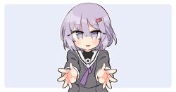 1girl a.i._voice blush border closed_mouth foreshortening grey_shirt hair_between_eyes ini_(inunabe00) long_sleeves necktie outline outside_border purple_background purple_eyes purple_hair purple_necktie reaching reaching_towards_viewer sailor_collar shirt short_hair simple_background solo upper_body vocaloid voiceroid white_border white_outline white_sailor_collar yuzuki_yukari yuzuki_yukari_(shizuku)