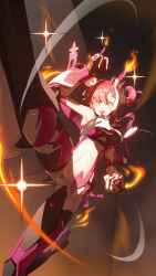 1girl absurdres armored_boots armored_gloves bare_shoulders boots commentary_request eika_(strinova) fire highres leg_up navel open_mouth red_hair short_shorts shorts smile solo sparkle strinova symbol-shaped_pupils teeth upper_teeth_only v-shaped_eyebrows white_hair white_shorts white_streaks yuyiosang