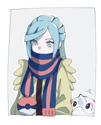 1boy aqua_eyes aqua_hair black_eyes blonde_hair cetoddle closed_mouth covered_mouth grusha_(pokemon) highres jacket long_sleeves male_focus multicolored_hair nintendo open_clothes open_jacket pokemon pokemon_(creature) pokemon_sv scarf scarf_over_mouth simple_background tongu_11 two-tone_scarf upper_body yellow_jacket