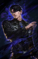 Rule 34 | 1boy, arm belt, belt, black belt, black hair, black jacket, black nails, black pants, black shirt, blue background, blue eyes, blue necktie, check copyright, collared shirt, commentary request, copyright request, cyphers, dark background, hair between eyes, highres, jacket, korean commentary, leather, leather jacket, light particles, looking down, male focus, necktie, open clothes, open jacket, pants, parted lips, shirt, short hair, solo, stitched face, stitched neck, stitches, teeth, upper body, ven0305