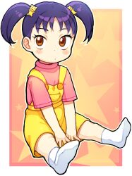 1girl bachera bear_hair_ornament blush_stickers border brown_eyes child dot_nose giboshi_lemon hair_ornament highres kochikame outside_border overall_shorts overalls pink_shirt shirt short_sleeves sitting socks solo star_(symbol) star_symbol_background twintails white_border white_socks