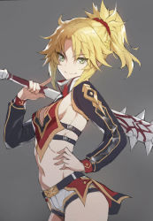 1girl blonde_hair breasts club fate_(series) female_focus green_eyes grey_background hair_pulled_back hand_on_own_hip highres holding holding_weapon looking_at_viewer mordred_(fate) simple_background small_breasts smile solo spiked_club tonee upper_body weapon