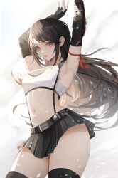 1girl arm_ribbon armpits arms_behind_head arms_up belt black_gloves black_hair black_skirt black_sports_bra black_thighhighs breasts cleavage closed_mouth cowboy_shot crop_top elbow_gloves final_fantasy final_fantasy_vii final_fantasy_vii_remake fingerless_gloves gloves highres light_smile long_hair medium_breasts midriff miniskirt navel neo_(neorarty3) pleated_skirt red_eyes red_ribbon ribbon skirt solo sports_bra suspender_skirt suspenders swept_bangs tank_top thighhighs thighs tifa_lockhart very_long_hair white_tank_top zettai_ryouiki
