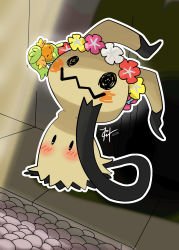 Rule 34 | @ @, absurdres, alley, blush, closed eyes, comfey, commentary, commentary typo, dated, english commentary, gen 7 pokemon, harlequinwaffles, head wreath, highres, mimikyu, mixed-language commentary, nintendo, no humans, on head, outline, pokemon, pokemon (creature), pokemon focus, pokemon on head, shadow, signature, smile, spanish commentary, white outline, wreath