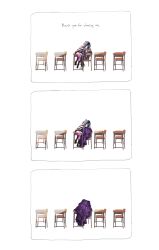 Rule 34 | 1boy, 1girl, absurdres, amemiya darumi, black boots, black hair, black pants, blue hair, boots, desk, grey jacket, head on another&#039;s shoulder, highres, jacket, long sleeves, multicolored hair, panels, pants, pink thighhighs, red hair, retsnom (hundred line), shirt, shoes, short hair, sitting, sitting on table, striped clothes, striped shirt, sumino takumi, the hundred line -last defense academy-, thighhighs, twintails, white background, white shoes