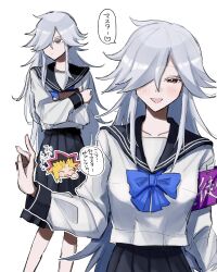 Rule 34 | 1boy, 1girl, armband, blonde hair, blue bow, blue skirt, blush, bow, closed eyes, duel monster, grey hair, hair over one eye, highres, hit rigt, long hair, muto yugi, open mouth, pleated skirt, purple armband, purple eyes, school uniform, serafuku, silent magician, simple background, skirt, smile, speech bubble, white background, yu-gi-oh!