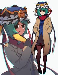 1girl bespectacled black-framed_eyewear black_pantyhose black_shoes black_skirt blue_vest brown_coat buttons closed_mouth coat frilled_hat frills full_body glasses green_hair hands_in_pockets hat hat_ribbon highres holding iganashi1 long_coat looking_at_viewer multiple_views pantyhose rectangular_eyewear red_ribbon red_scarf ribbon rod_of_remorse scarf shiki_eiki shoes skirt smile standing touhou vest white_ribbon