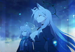 2girls animal_ear_fluff animal_ears black_choker black_dress blue_archive blue_halo blue_jacket blue_necktie blue_scarf breasts broken_halo choker cleavage cross_hair_ornament dress extra_ears grey_hair hair_ornament halo highres jacket large_breasts multiple_girls necktie non-web_source official_art parted_lips scarf shiroko_(blue_archive) shiroko_terror_(blue_archive) shirt upper_body white_shirt wolf_ears wolf_girl