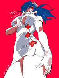 1girl 2013 between_breasts blue_hair breasts character_name copyright_name cowboy_shot from_below gloves hat kinako_(marubotan) large_breasts latex latex_gloves mouth_hold mouth_mask nurse_cap ponytail red_background red_eyes skullgirls solo surgical_mask valentine_(skullgirls)