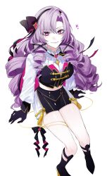 1girl alase_00 black_boots black_bow black_gloves black_shorts boots bow cropped_shirt curly_hair frilled_shirt_collar frills gloves hairband highres hyakumantenbara_salome invisible_chair long_hair looking_at_viewer nijisanji official_alternate_costume purple_eyes purple_hair shirt shorts simple_background sitting smile solo white_background white_shirt