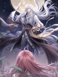 1boy 1girl artist_request baggy_pants bare_shoulders bishounen black_skirt chinese_clothes closed_mouth cloud collarbone collared_shirt dress face-to-face feet_out_of_frame floating_clothes floating_hair frilled_dress frills full_moon game_cg grey_eyes grey_pants hair_over_one_eye hanfu high-waist_skirt high_collar highres holding holding_sword holding_weapon layered_sleeves leaf light_smile lips long_hair long_skirt long_sleeves male_focus mandarin_collar miracle_nikki moon night night_sky nikki_(nikki) nikki_(series) official_art outdoors pants pink_hair shirt sidelocks skirt sky sleeveless sleeveless_dress socks star_(sky) starry_sky sword tassel third-party_source turtleneck turtleneck_dress upper_body very_long_hair weapon white_dress white_hair white_hanfu white_shirt wind xiao_zong