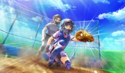 2girls ball baseball baseball_(object) baseball_field baseball_glove baseball_helmet baseball_uniform bike_shorts_under_skirt black_footwear black_gloves black_hair black_shorts black_undershirt blue_shirt blue_sky blurry catcher&#039;s_mask catcher_(baseball) chest_protector cinderella_series cloud depth_of_field dust_cloud dutch_angle emphasis_lines fingerless_gloves from_below full_body game_cg gloves green_eyes grey_pants hachigatsu_no_cinderella_nine helmet highres holding holding_ball looking_ahead multiple_girls neckerchief non-web_source official_art on_one_knee outdoors pants pink_neckerchief pleated_skirt satogahama_baseball_uniform shin_guards shirt shirt_under_shirt short_sleeves shorts skirt sky solo_focus sportswear striped_clothes striped_shirt suzuki_waka umpire vertical-striped_clothes vertical-striped_shirt wristband