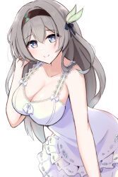 1girl absurdres alternate_costume bare_shoulders black_hairband blush breasts cleavage closed_mouth collarbone dress firefly_(honkai:_star_rail) grey_hair hair_between_eyes hair_ornament hairband hand_in_own_hair highres honkai:_star_rail honkai_(series) large_breasts long_hair looking_at_viewer mikisarara simple_background sleeveless sleeveless_dress smile solo white_background white_dress