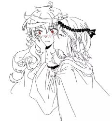 2others androgynous armor blush breastplate chinese_commentary closed_eyes closed_mouth collarbone commentary_request cropped_torso dated_commentary epaulettes eyelashes fang fang_out flustered frown fujiwara_no_iyozane greyscale hachimaki hair_ribbon hand_on_another&#039;s_cheek hand_on_another&#039;s_face haori headband highres jacket jacket_on_shoulders japanese_clothes jishixingle1029 kimono kiss kissing_cheek len&#039;en long_hair long_sleeves looking_to_the_side medium_hair messy_hair monochrome multiple_others one_side_up other_focus pointy_ears red_eyes ribbon simple_background slit_pupils spot_color taira_no_fumikado white_background wide-eyed wide_sleeves