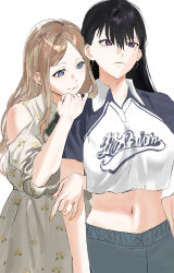 2girls absurdres bang_dream! bang_dream!_it&#039;s_mygo!!!!! black_hair blonde_hair blue_eyes brown_hair closed_mouth clothing_cutout commentary_request crop_top crop_top_overhang dress earrings hair_between_eyes highres jewelry long_hair midriff multiple_girls nagasaki_soyo purple_eyes rainbow_hose shiina_taki shoulder_cutout sidelocks simple_background white_background white_dress