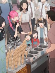 5boys 6+girls absurdres black_choker black_hair black_shirt brown_necktie brown_shirt brown_skirt child choker closed_eyes colored_tips commentary_request dondurma_(ice_cream) drooling fang grey_pants highres hinamizawa_hinami_(tetto) ice_cream_cone igarashi_ritsu_(tetto) long_hair long_sleeves mouth_drool multicolored_hair multiple_boys multiple_girls necktie open_mouth original pants people purple_hair shirt short_hair short_sleeves skirt smile tetto_(onnoveltet) twintails white_shirt