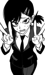 Rule 34 | 1girl, bags under eyes, chainsaw man, collared shirt, double v, eyelashes, greyscale, hair ornament, hairclip, higashiyama kobeni, highres, jacket, long sleeves, looking at viewer, margare, mole, mole under eye, mole under mouth, monochrome, necktie, open mouth, pants, ponytail, shirt, simple background, solo, sweat, v