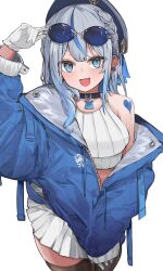 1girl adjusting_eyewear amagai_ruka appleseed_(appleseed_art) belt_collar beret black_thighhighs blue-tinted_eyewear blue_eyes blue_hair blue_hat blue_jacket blush braid breasts collar commentary_request crop_top crown_braid drawstring ear_piercing eyewear_on_head fang gloves grey_hair hat heart heart_tattoo highres jacket long_sleeves looking_at_viewer medium_hair miniskirt multicolored_hair open_mouth partially_unzipped pendant_collar piercing pinstripe_pattern pinstripe_shirt pleated_skirt quilted_jacket rimless_eyewear shirt shoulder_tattoo simple_background single_bare_shoulder skin_fang skirt smile solo streaked_hair sunglasses tattoo thighhighs tinted_eyewear virtual_youtuber weather_planet white_background white_gloves white_shirt white_skirt zettai_ryouiki