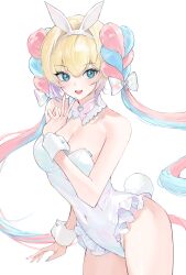 1girl absurdres animal_ear_hairband animal_ears bare_shoulders blonde_hair blue_eyes blue_hair blue_nails blush bow breasts chouzetsusaikawa_tenshi-chan cleavage commentary_request covered_navel detached_collar fake_animal_ears fake_tail floating_hair frilled_leotard frills gradient_hair gurami_(zangizarang) hair_between_eyes hair_bow hairband hand_up highres iridescent leotard long_hair looking_at_viewer medium_breasts multicolored_hair nail_polish needy_girl_overdose open_mouth pink_hair playboy_bunny rabbit_ears rabbit_tail simple_background smile solo standing strapless strapless_leotard tail thighs twintails v very_long_hair white_background white_hairband white_leotard white_wrist_cuffs wrist_cuffs
