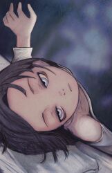 1girl absurdres black_hair blurry commentary_request depth_of_field expressionless flat_chest highres lacker_strike_(akkira_setsu) looking_at_viewer lying on_back original parted_lips shirt short_hair solo white_eyes white_shirt