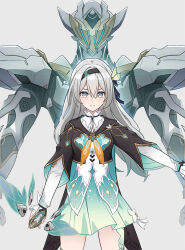 1girl armor black_hairband black_jacket cowboy_shot cropped_jacket dress firefly_(honkai:_star_rail) frilled_shirt frills green_dress grey_armor grey_hair hair_between_eyes hair_intakes hair_ornament hairband helmet holding honkai:_star_rail honkai_(series) horikkita jacket long_hair long_sleeves looking_at_viewer multicolored_eyes neckerchief orange_neckerchief power_armor sam_(honkai:_star_rail) shirt two-tone_eyes white_shirt